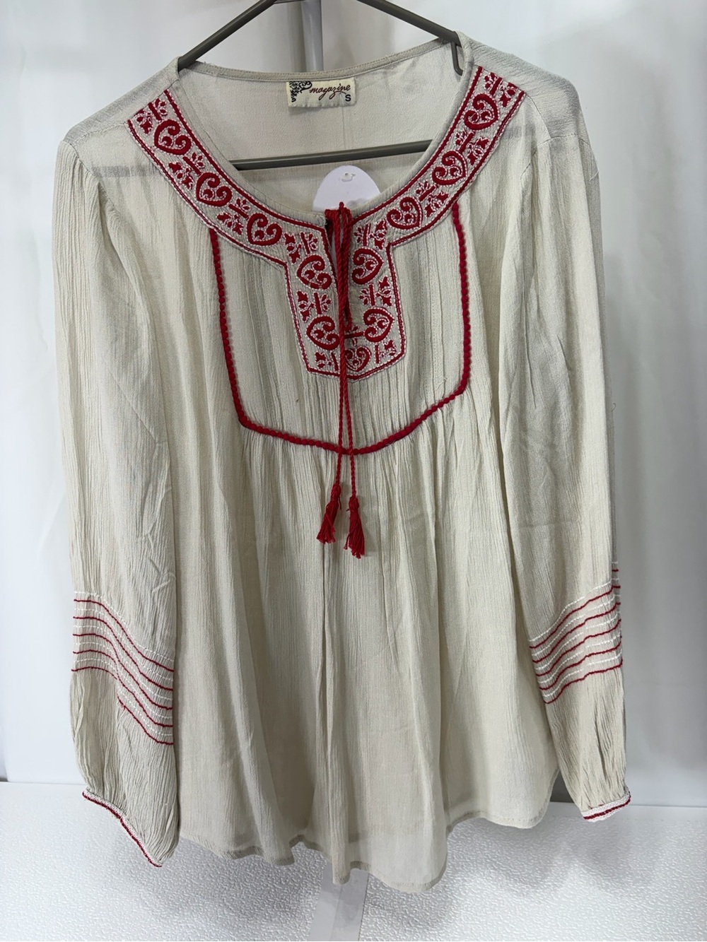 Magazine Cream Embroidered Peasant Tunic with Red Accents 3348